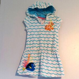 Disney Pixar Swim Cover Up Girls 5/6 Nemo Terry Cloth Blue White Dress Hooded